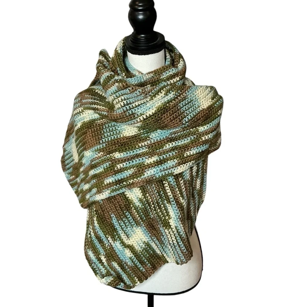 Handcrafted Crochet Wide Scarf Wrap White Green Brown Cold Weather Knit Handmade